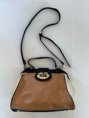 Emma Fox Doctor Bag Leather Satchel Crossbody Tan Black Frame Handbag